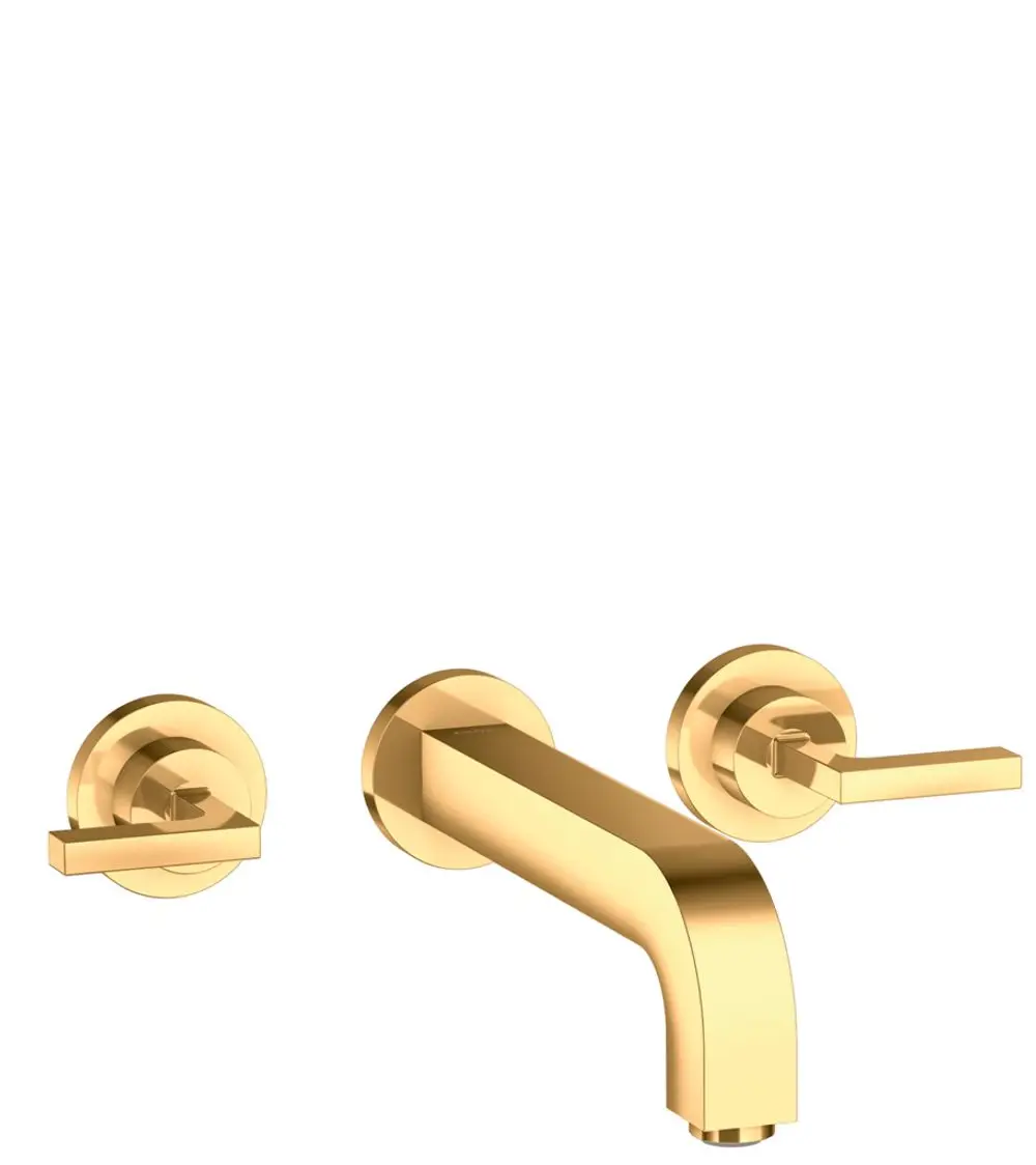 Waschtischarmatur von AXOR in Polished Gold Optik, bestehend aus drei Teilen: einem Auslauf und zwei Hebelgriffen, zur Wandmontage geeignet.